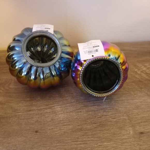 2 Piece Set Halloween Gothic Iridescent Rainbow Glass Pumpkins - Picture 9 of 11